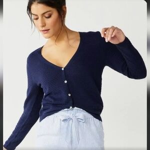 -Draper James Navy Textured Knit Cardigan With Mother Of Pearl Buttons